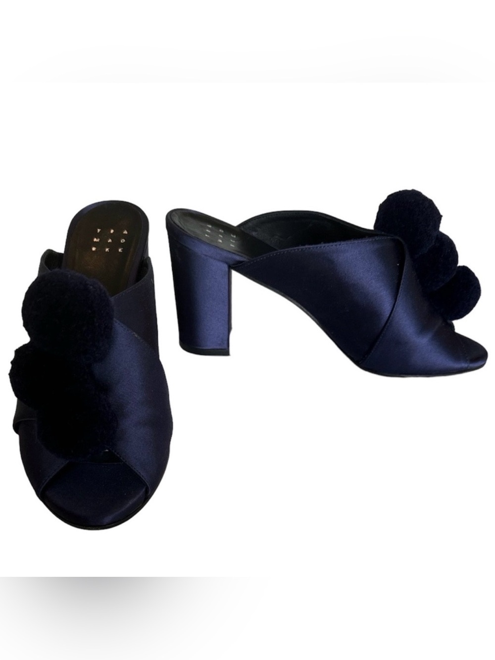 TRADEMARK TRA MAD RKE Blue Satin Pom Pom Heeled Mule Sandals Size EU 37 US 7